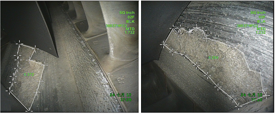 使用MViQ電子內窺鏡測量燒蝕及涂層脫落等損傷的面積 使用MViQ電子內窺鏡測量燒蝕及涂層脫落等損傷的面積